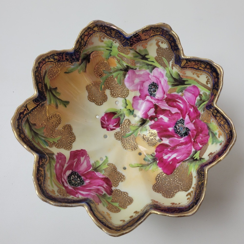 Antique Nippon Berry Strainer Bowl Cobalt Gold Moriage Hand Painted Poppies